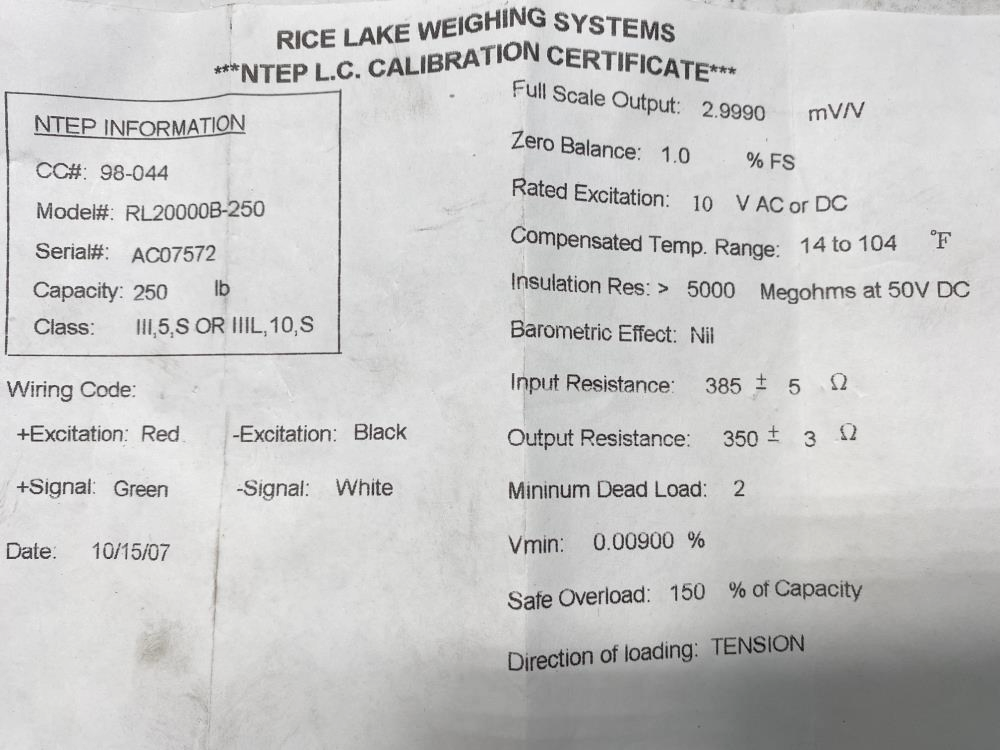 Rice Lake Weighing Systems Load Cell, RL20000B-250